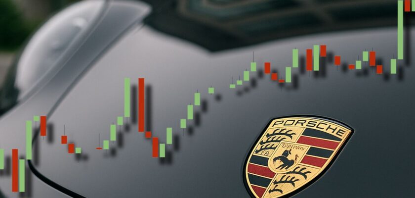 Il cofano anteriore di una Porsche con il marchio in bella vista. In sovrimpressione un grafico a candele