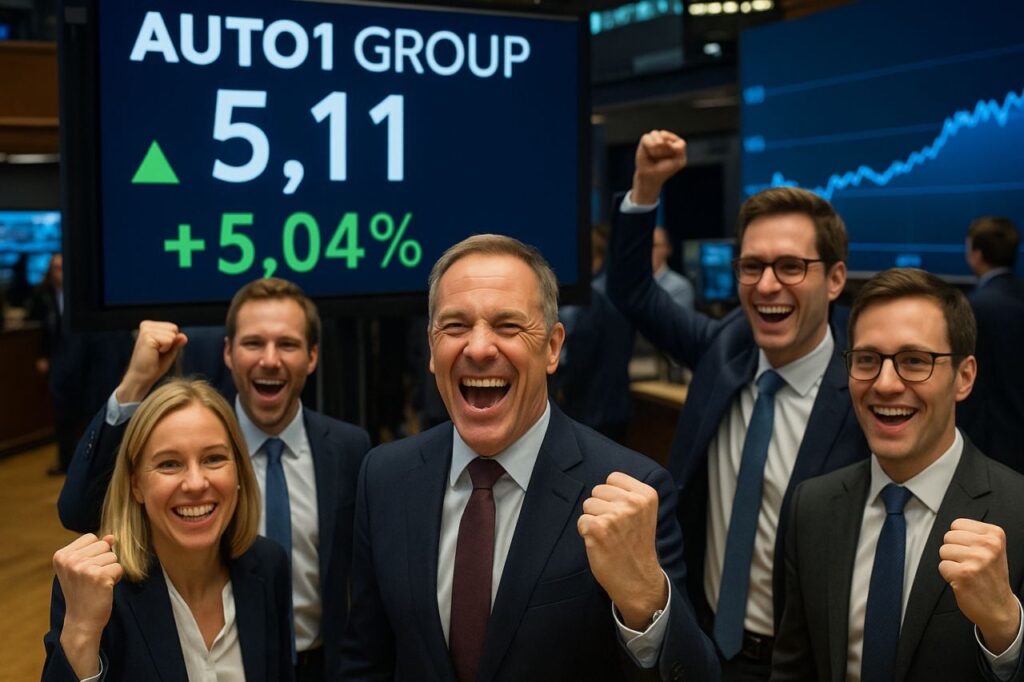 Alcuni trader che esultano con il tabellone con le cifre sull'andamento del titolo Auto1 alle spalle