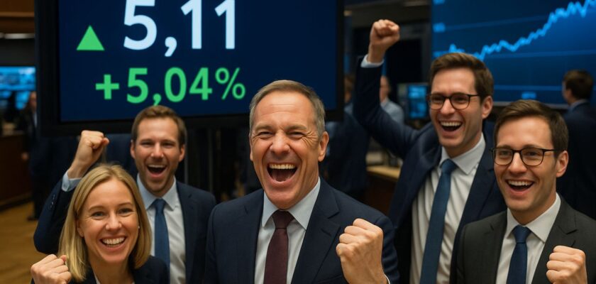 Alcuni trader che esultano con il tabellone con le cifre sull'andamento del titolo Auto1 alle spalle