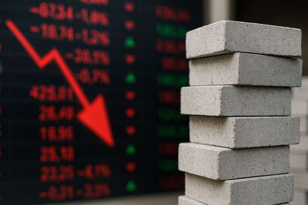 Alcuni mattoni poggiati uno sull'altro. Un grafico in discesa sullo sfondo con una freccia rossa diretta verso il basso