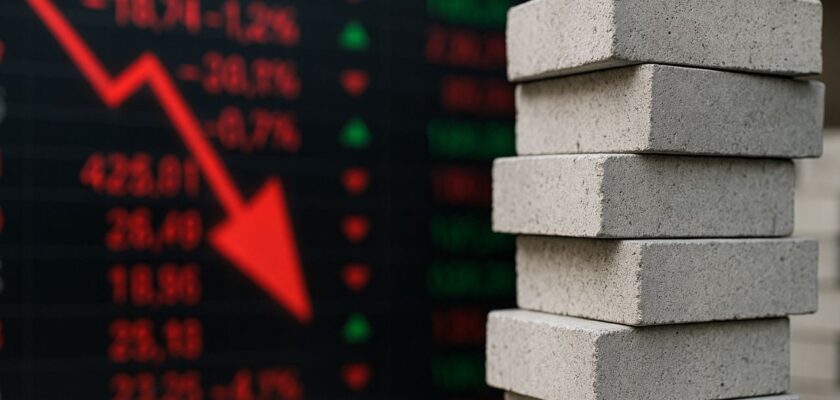 Alcuni mattoni poggiati uno sull'altro. Un grafico in discesa sullo sfondo con una freccia rossa diretta verso il basso
