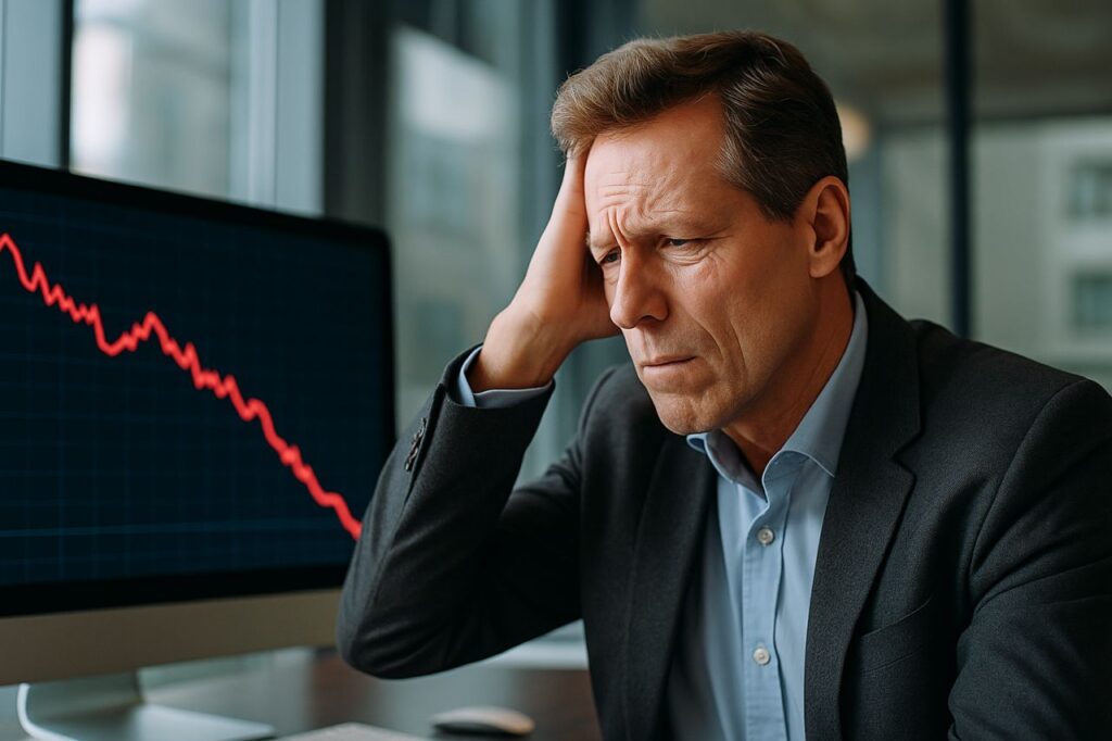 Primo piano di un uomo seduto ad una scrivania con davanti uno schermo che mostra un grafico in discesa