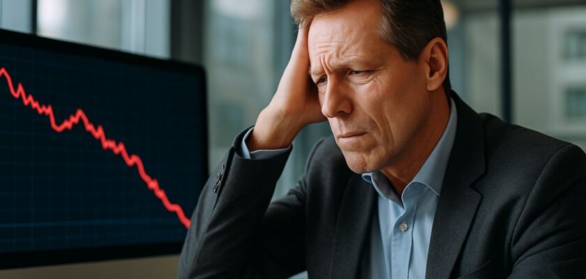 Primo piano di un uomo seduto ad una scrivania con davanti uno schermo che mostra un grafico in discesa