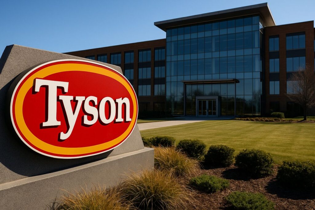 Uno stabile e un totem pubblicitario con la scritta Tyson