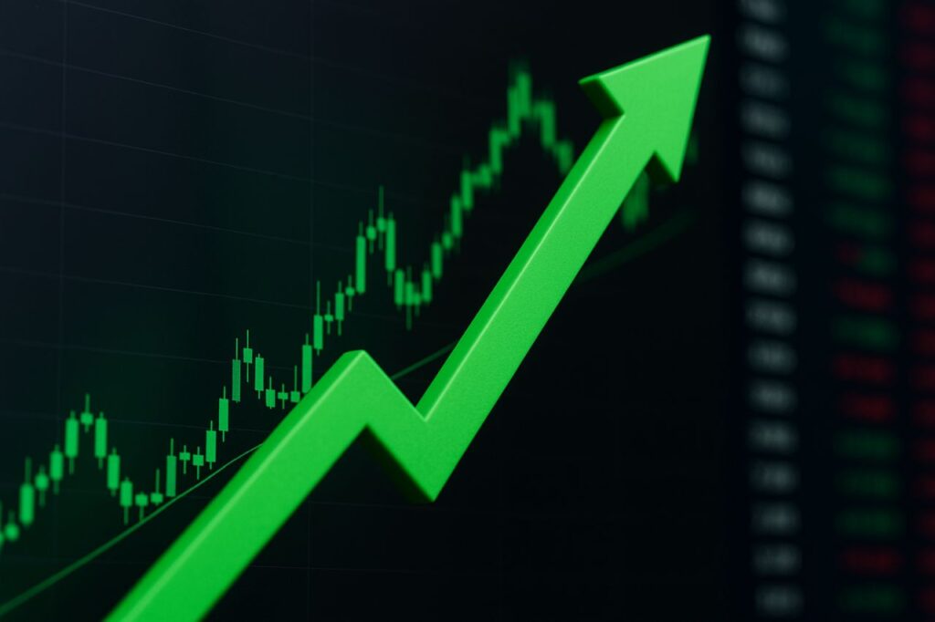 Un grafico a candele con una freccia verde verso l'alto