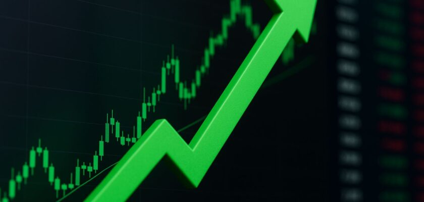 Un grafico a candele con una freccia verde verso l'alto