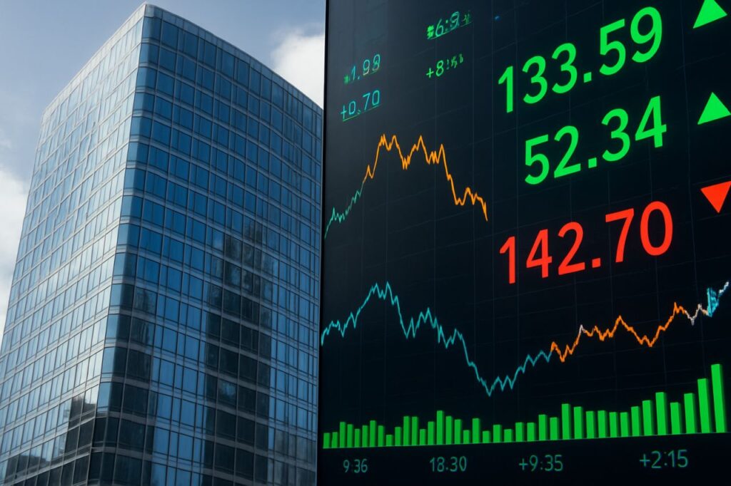 In primo piano uno schermo con l'andamento di alcuni titoli della Borsa. Sullo sfondo un grattacielo