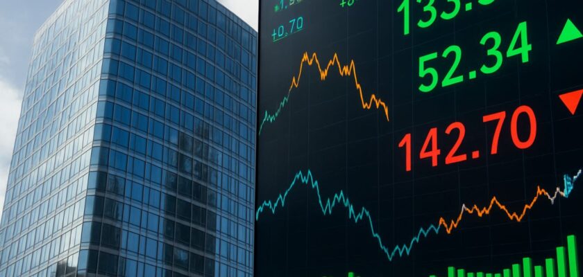 In primo piano uno schermo con l'andamento di alcuni titoli della Borsa. Sullo sfondo un grattacielo