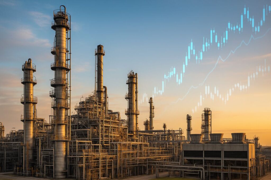 veduta su un polo industriale. In trasparenza un grafico finanziario