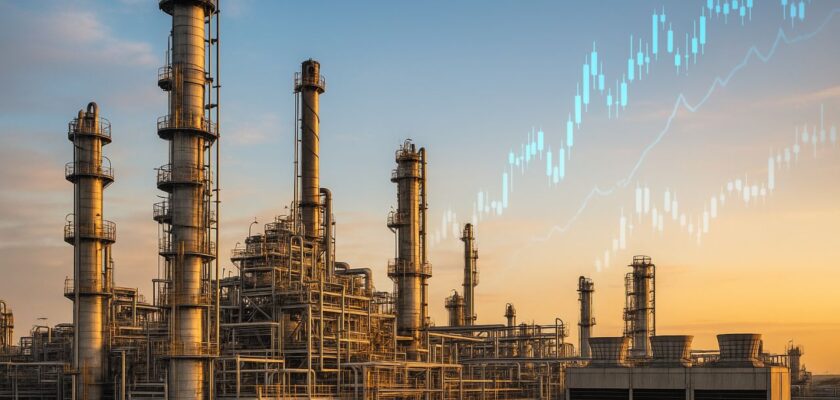 veduta su un polo industriale. In trasparenza un grafico finanziario