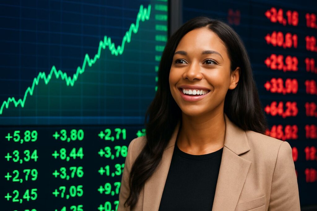 Una donna con un grafico finanziario alle spalle