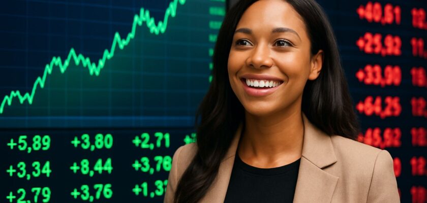 Una donna con un grafico finanziario alle spalle