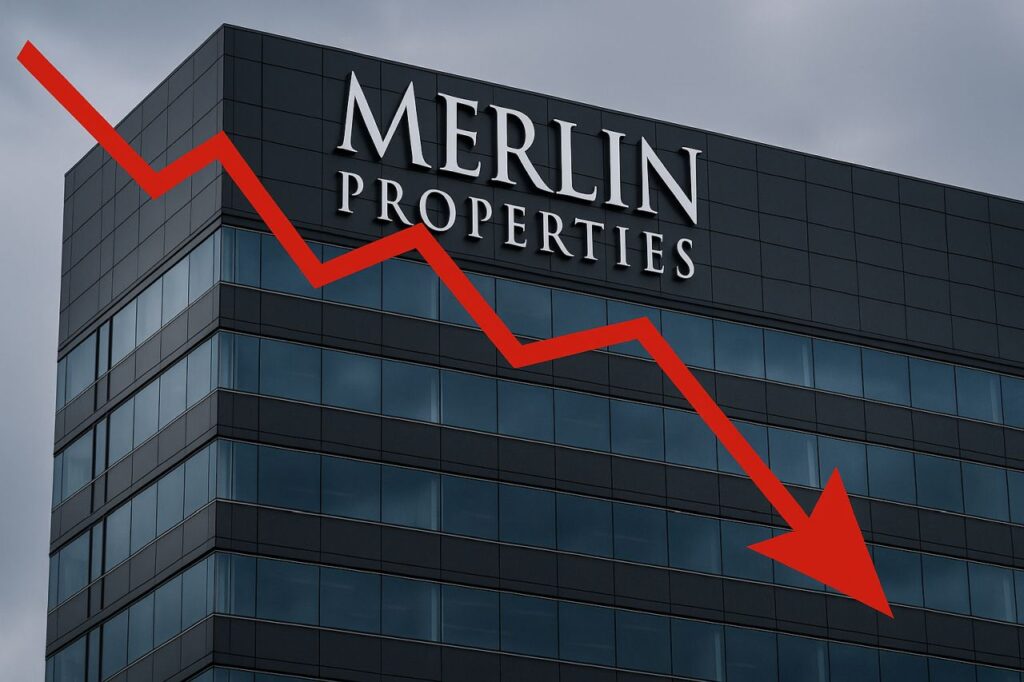 Un palazzo on la scritta Merlin Properties in cima. In sovrimpressione una freccia rossa verso il basso