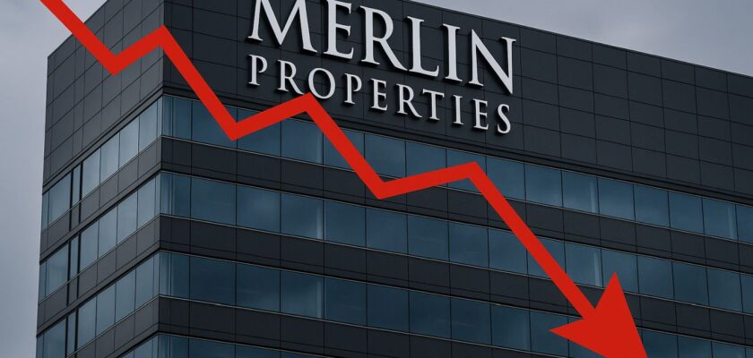Un palazzo on la scritta Merlin Properties in cima. In sovrimpressione una freccia rossa verso il basso