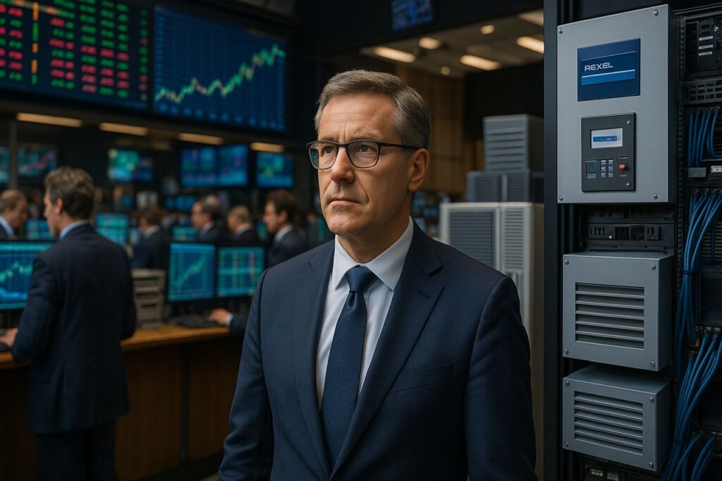 primo piano di un uomo di mezza età in giacca e cravatta. Alle sue spalle vari schermi con dei grafici finanziari