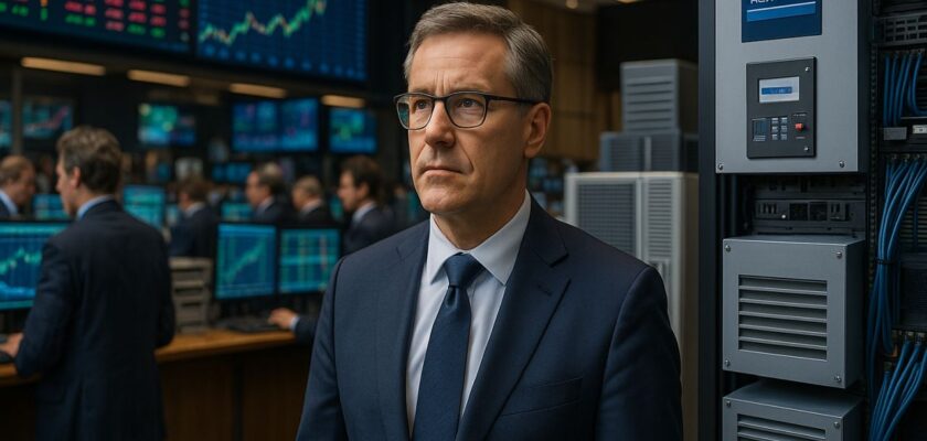 primo piano di un uomo di mezza età in giacca e cravatta. Alle sue spalle vari schermi con dei grafici finanziari