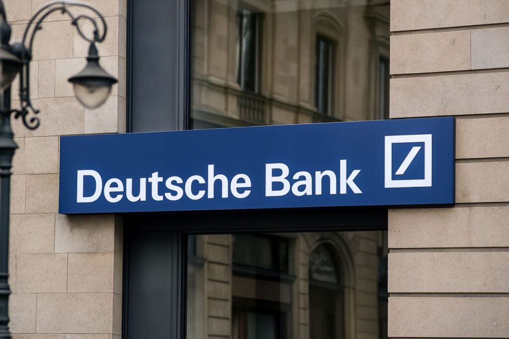 Scritta e logo Deutsche Bank su un'insegna affissa sulla parete di un edificio