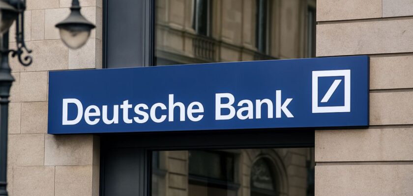 Scritta e logo Deutsche Bank su un'insegna affissa sulla parete di un edificio