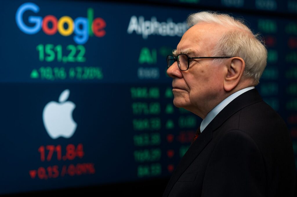 Warren Buffett di profilo con dei tabelloni che indicano l'andamento di alcuni titoli tech come Apple e Alphabet