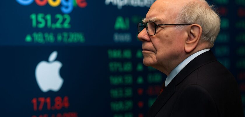 Warren Buffett di profilo con dei tabelloni che indicano l'andamento di alcuni titoli tech come Apple e Alphabet