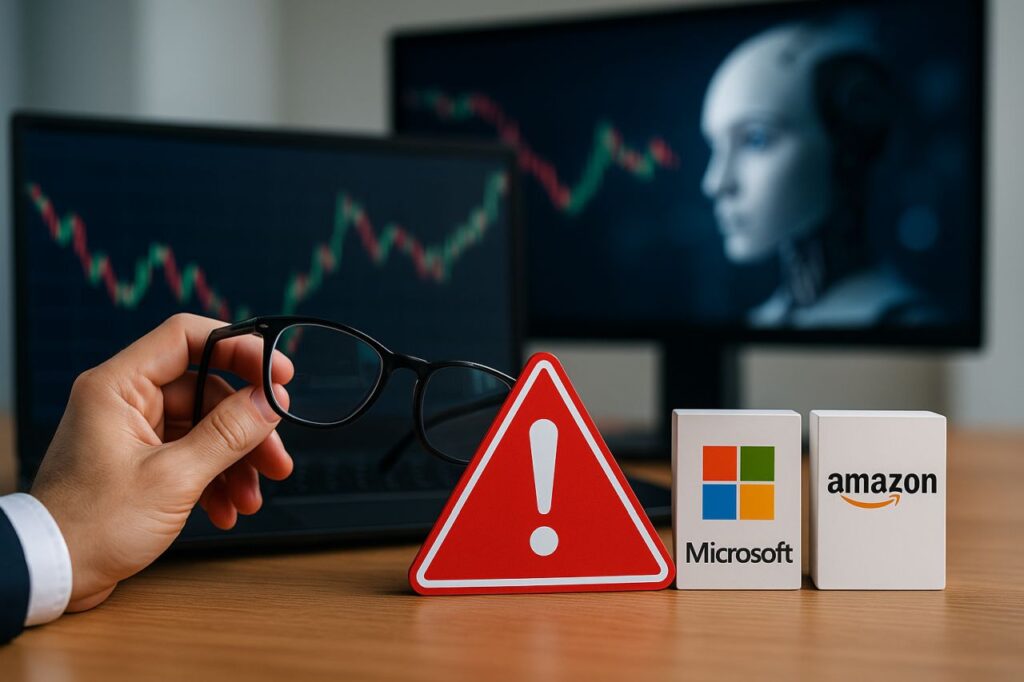 Il piano di una scrivania con un segnale di pericolo accanto ai loghi di Amazon e Microsoft. In secondo piano grafici finanziari su alcuni schermi