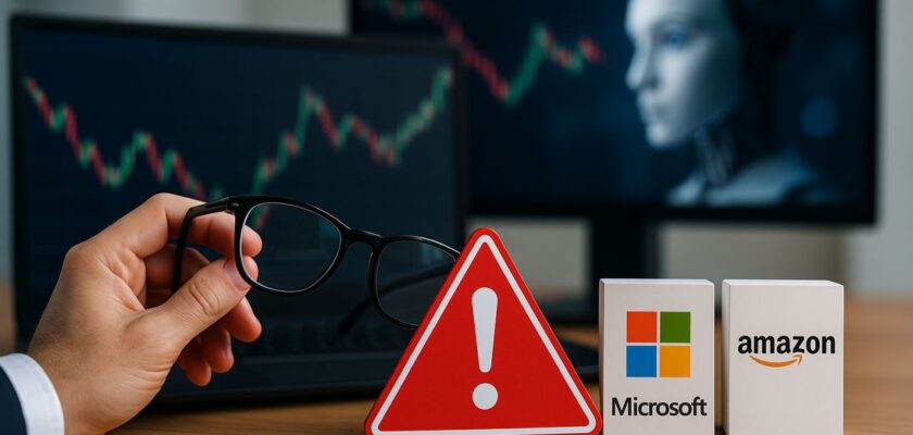 Il piano di una scrivania con un segnale di pericolo accanto ai loghi di Amazon e Microsoft. In secondo piano grafici finanziari su alcuni schermi