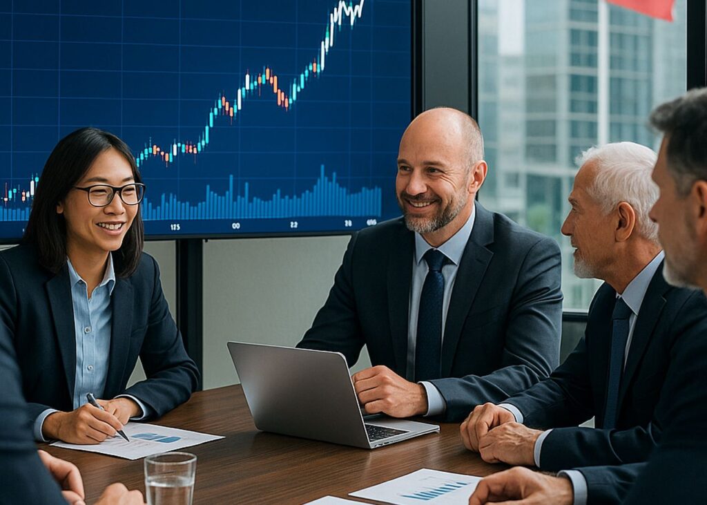 Alcuni investitori che siedono intorno a un tavolo. Sullo sfondo un grafico finanziario