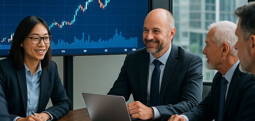 Alcuni investitori che siedono intorno a un tavolo. Sullo sfondo un grafico finanziario