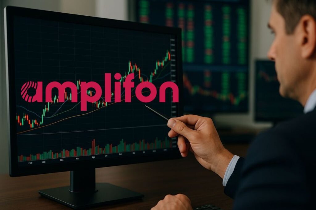 trader che analizza e logo Amplifon