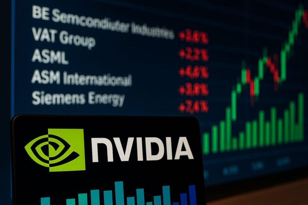 Logo e scritta Nvidia in primo piano. Sullo sfondo una grafica con l'andamento di alcuni titoli