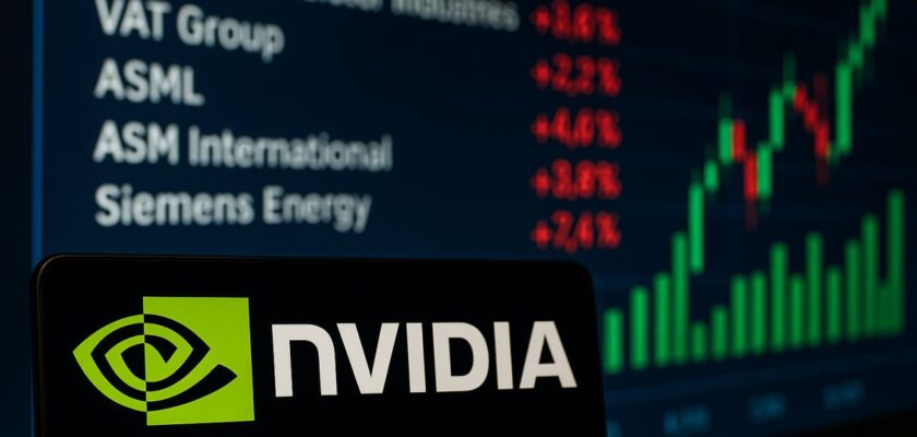 Logo e scritta Nvidia in primo piano. Sullo sfondo una grafica con l'andamento di alcuni titoli