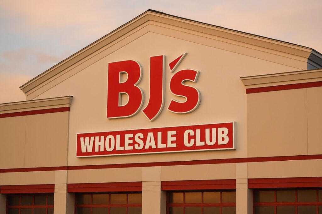 Un edificio con tetto spiovente e la scritta BJ's in grande sull'entrata