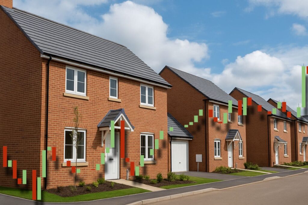 Alcune villette a schiera con un grafico a candele in sovrimpressione