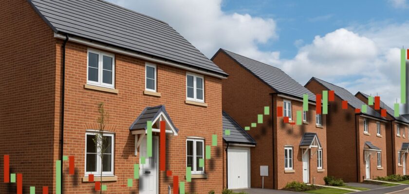 Alcune villette a schiera con un grafico a candele in sovrimpressione