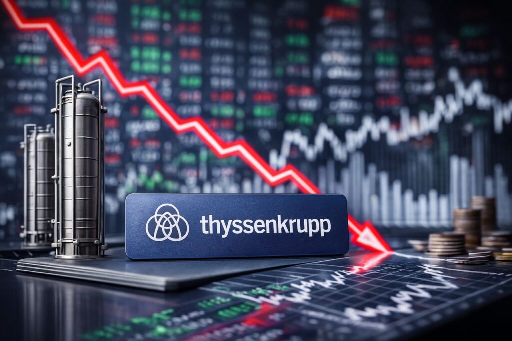 Logo e scritta Thyssenkrupp con diversi grafici finanziari, numerose cifre e una freccia rossa verso il basso sullo sfondo