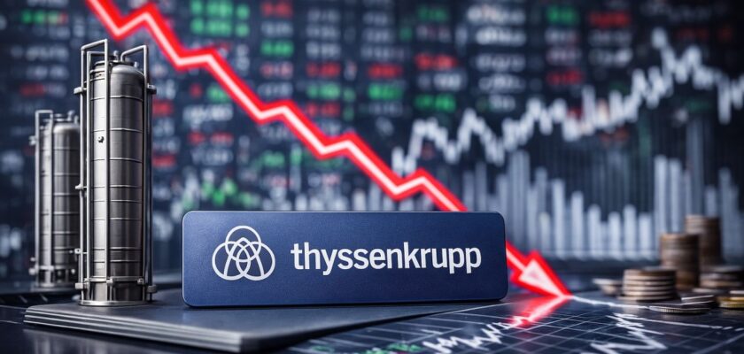 Logo e scritta Thyssenkrupp con diversi grafici finanziari, numerose cifre e una freccia rossa verso il basso sullo sfondo