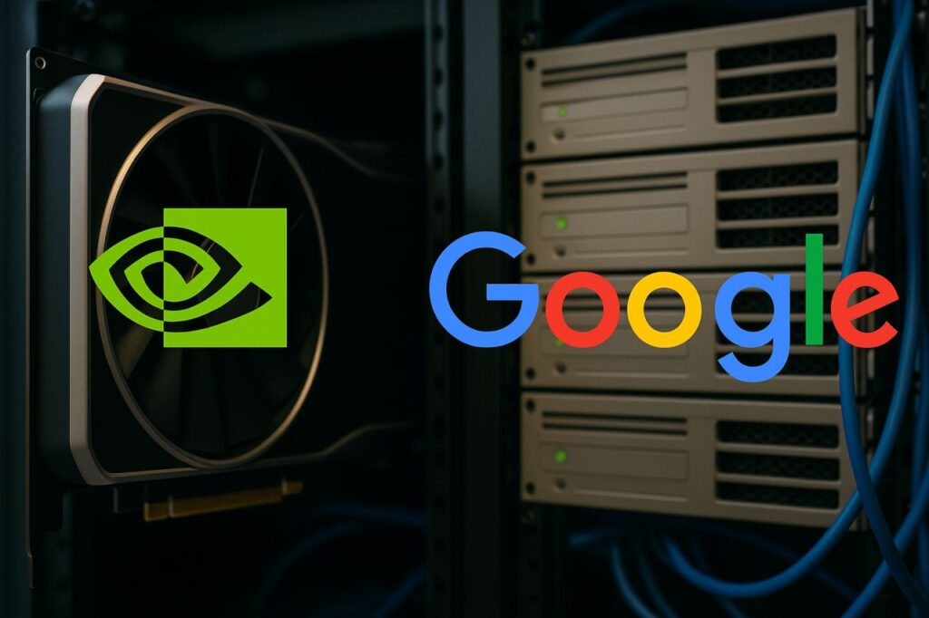 Il logo di Nvidia a sinistra e quello di Google a destra con componenti elettroniche diverse sullo sfondo