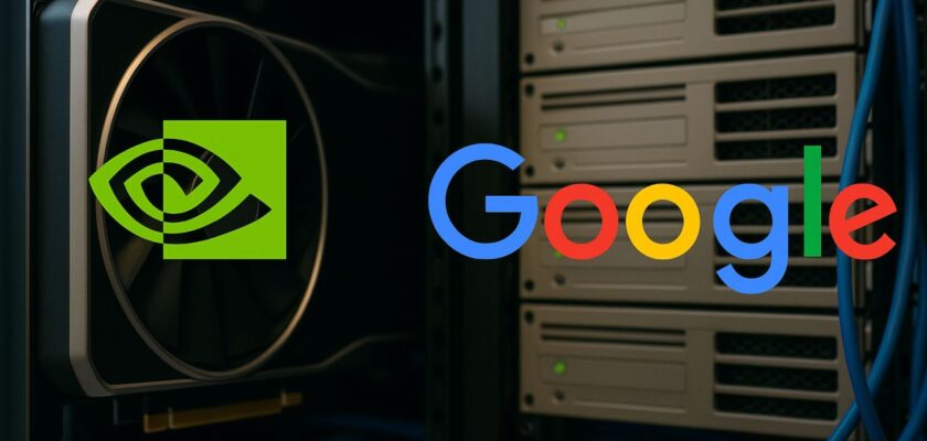 Il logo di Nvidia a sinistra e quello di Google a destra con componenti elettroniche diverse sullo sfondo