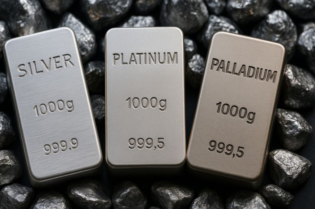 Un lingotto di argento, uno di platino e uno di palladio
