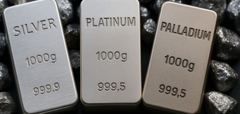 Un lingotto di argento, uno di platino e uno di palladio