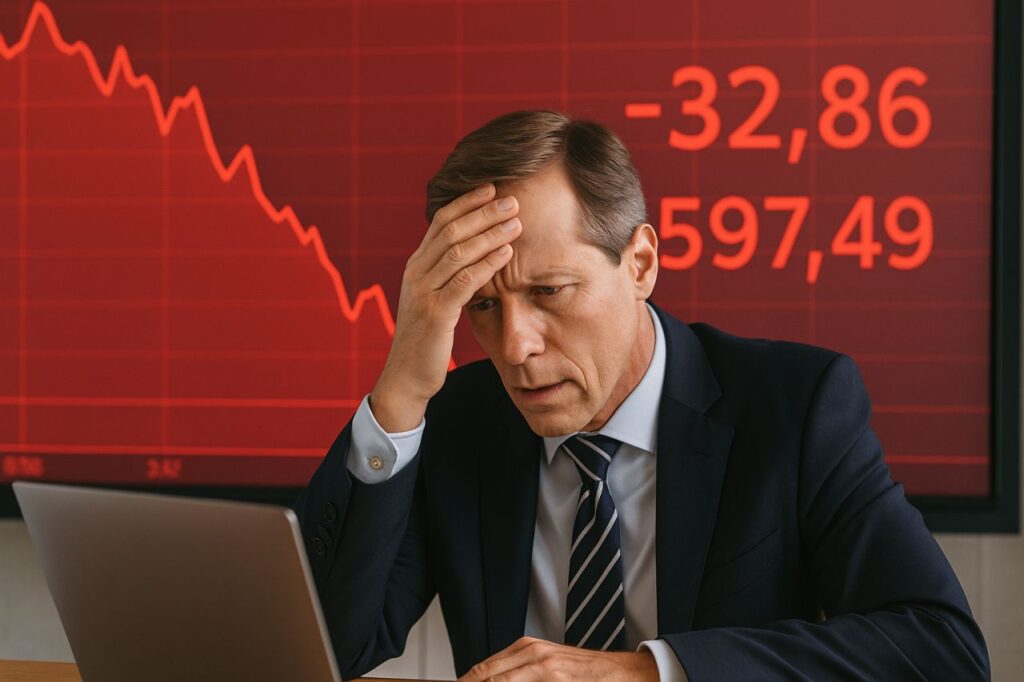 Un investitore seduto a una scrivania con la mano sulla fronte mentre osserva lo schermo di un laptop. Sullo sfondo un grafico finanziario in rosso