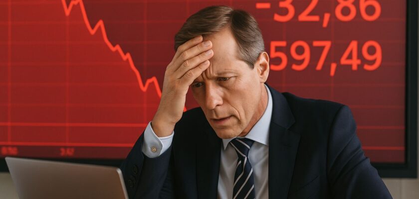 Un investitore seduto a una scrivania con la mano sulla fronte mentre osserva lo schermo di un laptop. Sullo sfondo un grafico finanziario in rosso
