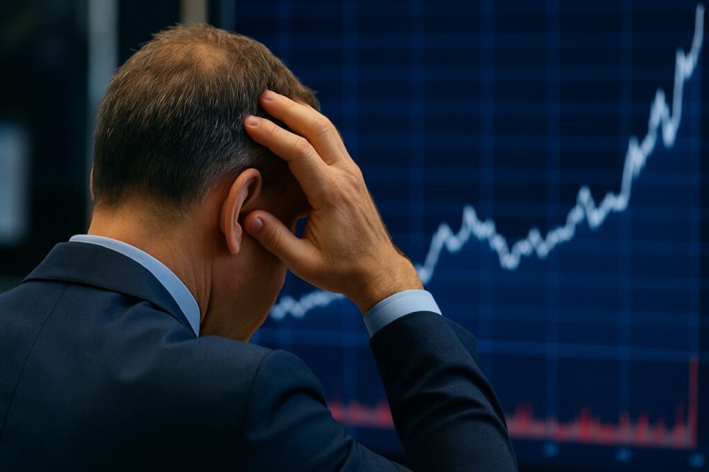 Un uomo di spalle con la mano sulla testa. Di fronte a lui un grafico finanziario