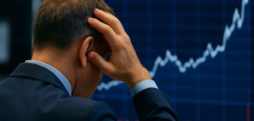 Un uomo di spalle con la mano sulla testa. Di fronte a lui un grafico finanziario