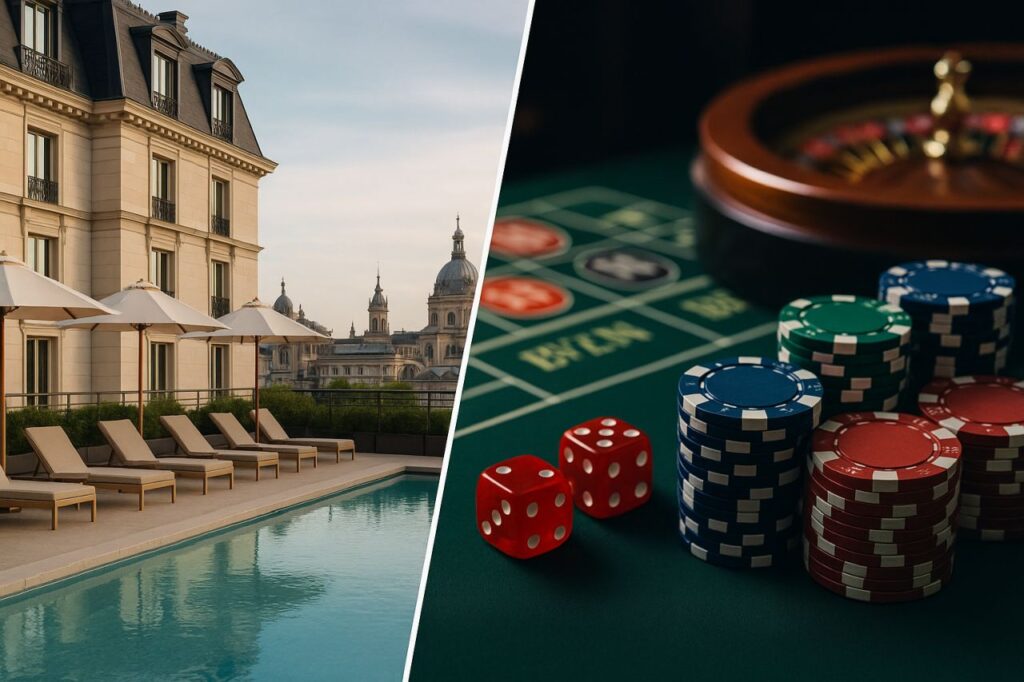 Un'immagine tagliata a metà da una linea diagonale. A sinistra un hotel e a destra la roulette di un casino con dei dadi e delle fishes