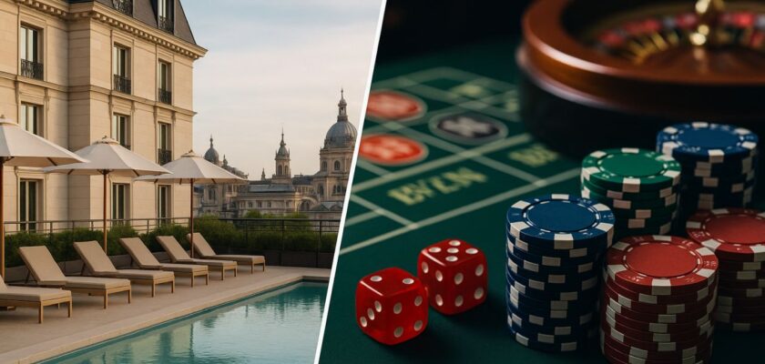 Un'immagine tagliata a metà da una linea diagonale. A sinistra un hotel e a destra la roulette di un casino con dei dadi e delle fishes