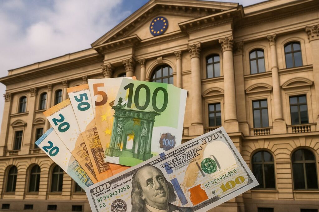 Un edificio storico con il simbolo dell'europa in alto. In sovrimpressione alcune banconote in euro e dollari