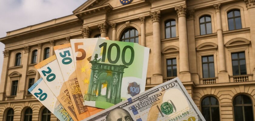 Un edificio storico con il simbolo dell'europa in alto. In sovrimpressione alcune banconote in euro e dollari