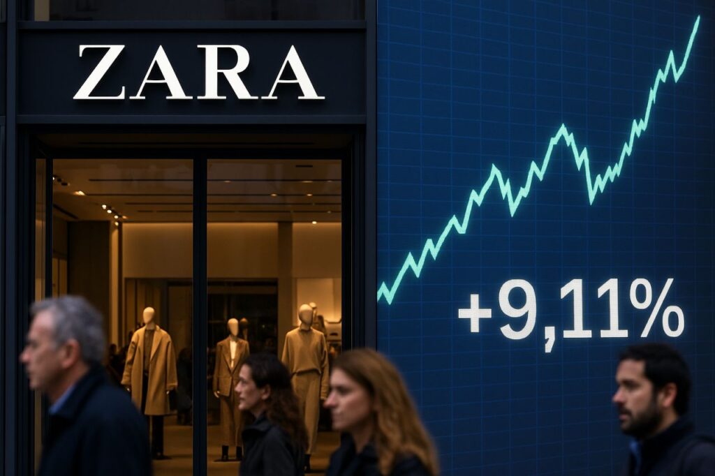 La scritta Zara sull'entrata di uno dei punti vendita. In primo piano a destra un grafico in rialzo con la scritta +9,11%
