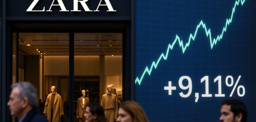 La scritta Zara sull'entrata di uno dei punti vendita. In primo piano a destra un grafico in rialzo con la scritta +9,11%